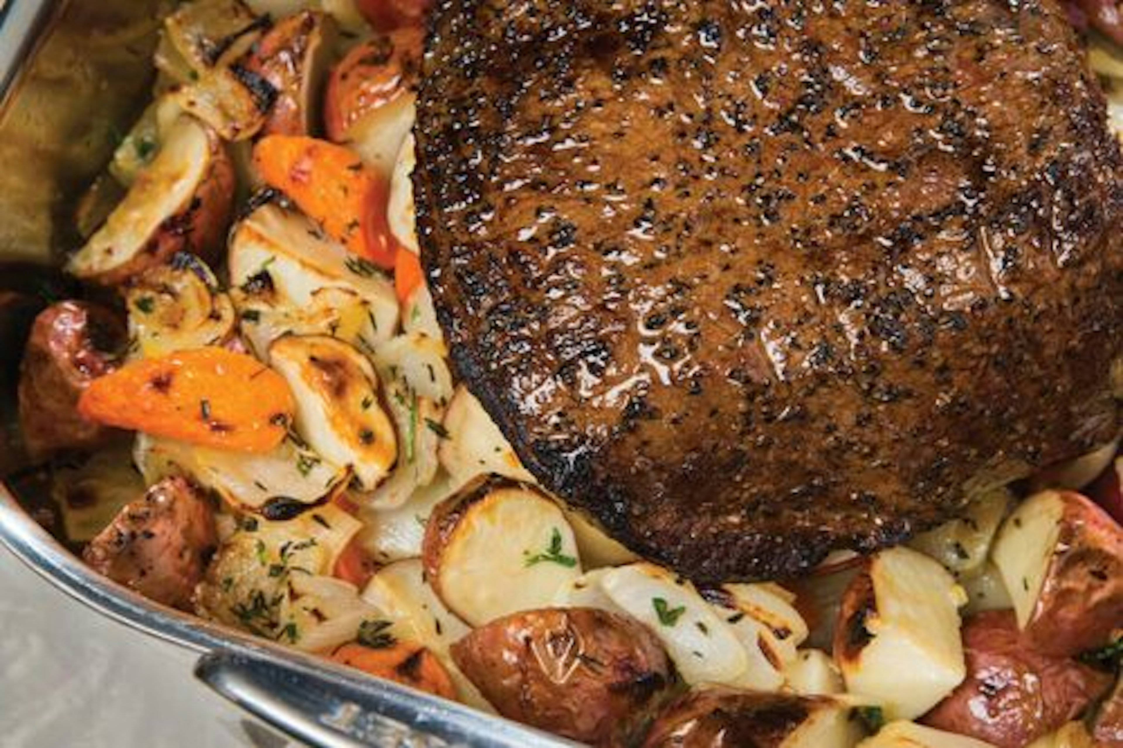 Reverse Sear Bottom Round Roast with Roasted Root Vegetables